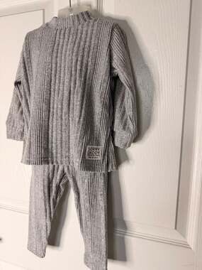 Gray Ribbed Knit Long Sleeve Top and Pants Set
